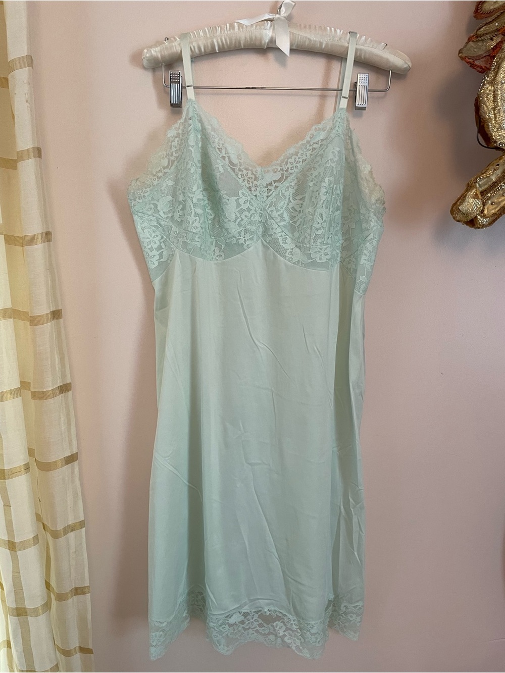Vintage Lace-Trim Slip Dress in pale Blue Green - Women's Intimates XL